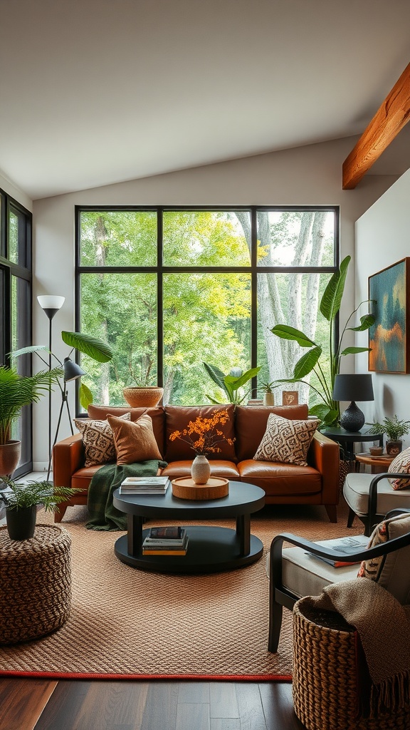 A cozy living room with large windows, a leather sofa, and indoor plants, reflecting country farmhouse decor.