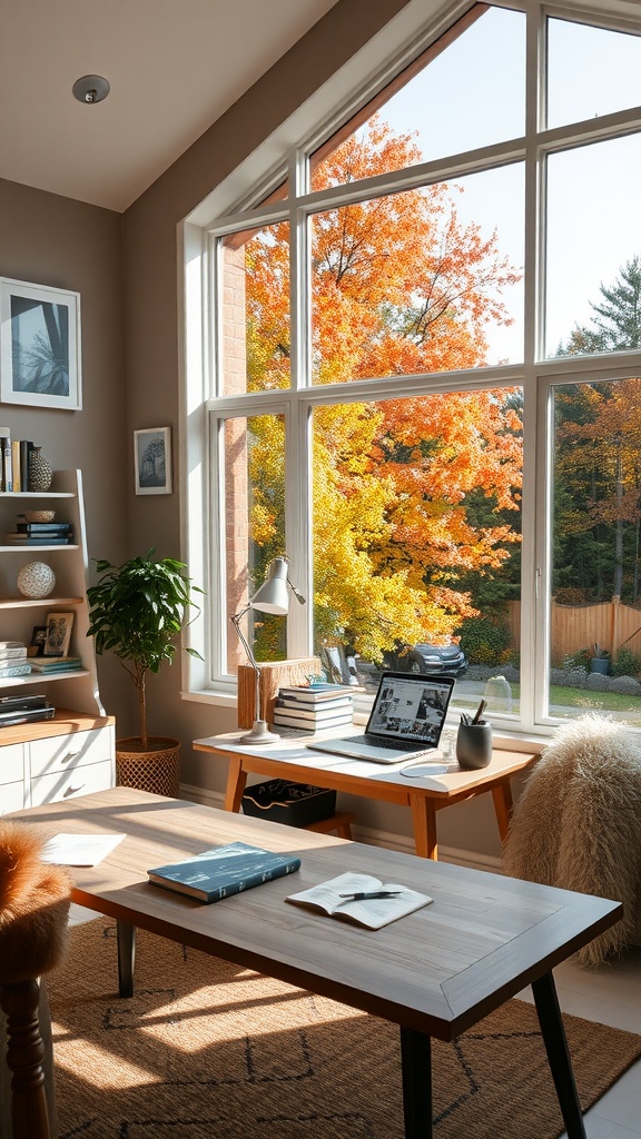 Cozy fall home office with large windows showing colorful autumn trees outside