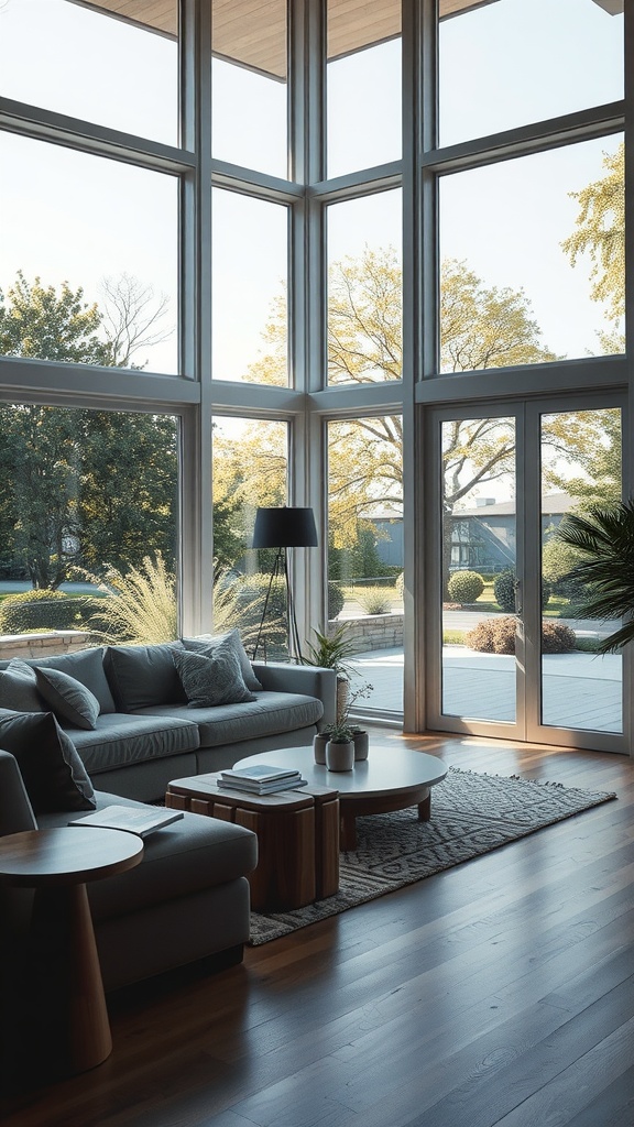 A rustic farmhouse living room with large windows showcasing outdoor views