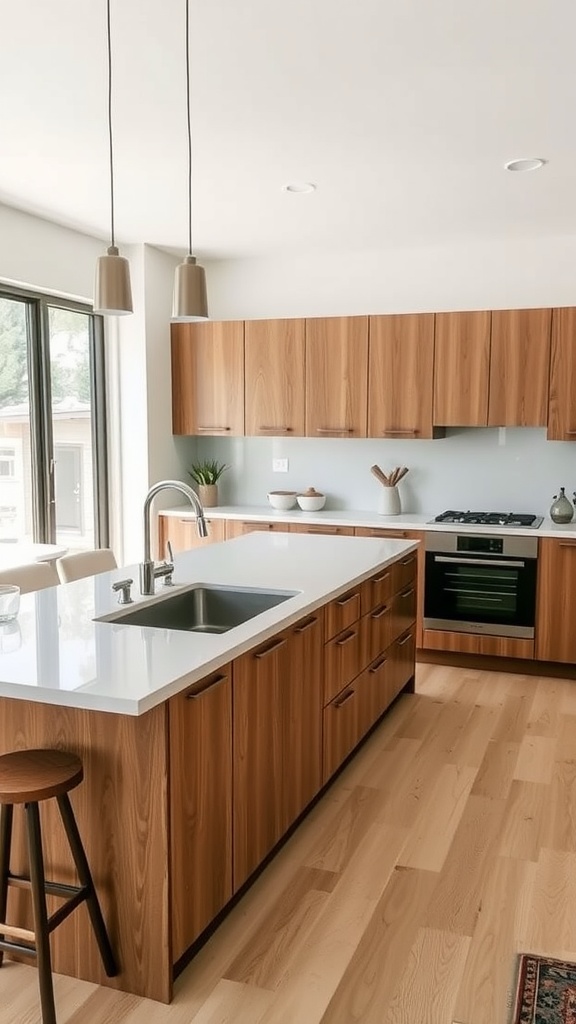 A modern kitchen featuring a wooden island with a built-in sink, white countertop, and contemporary decor.