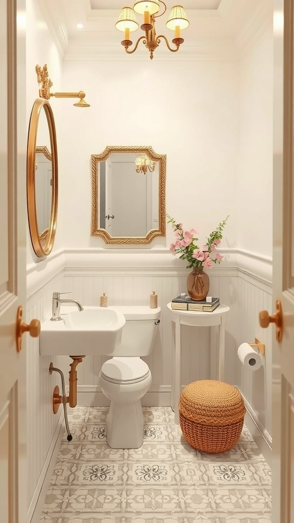 A beautifully designed small bathroom featuring ivory walls, gold fixtures, and elegant decor.