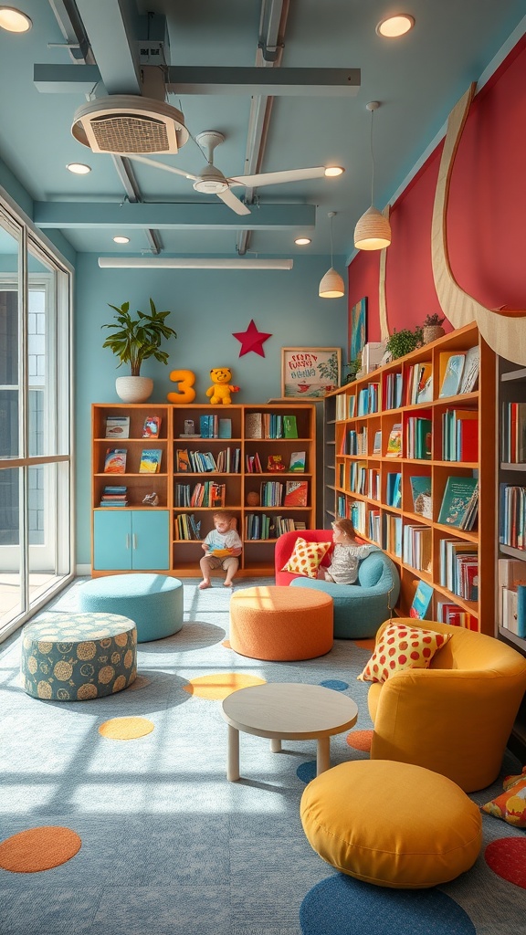 A bright and colorful children's reading area featuring comfortable seating and bookshelves filled with children's books.