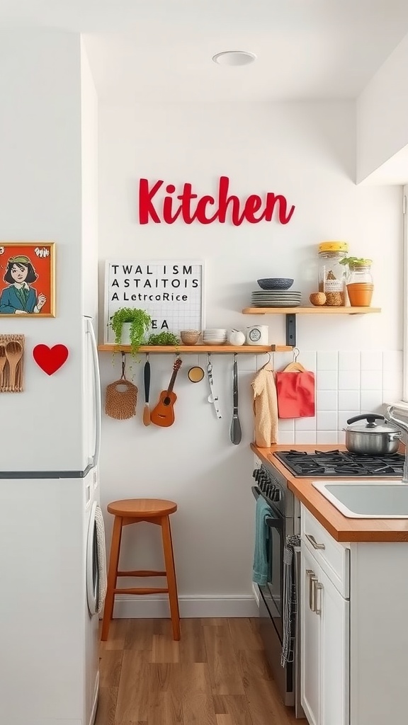 A small kitchen wall featuring a red 'Kitchen' sign, framed art, and decorative shelves.