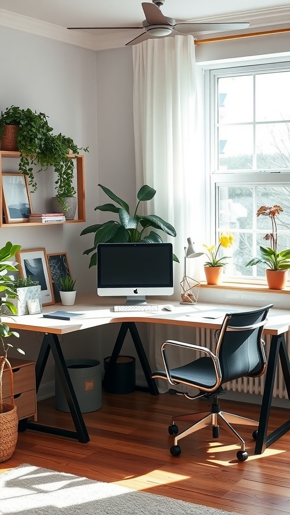 L-shaped double desk setup in a small home office with plants and a window