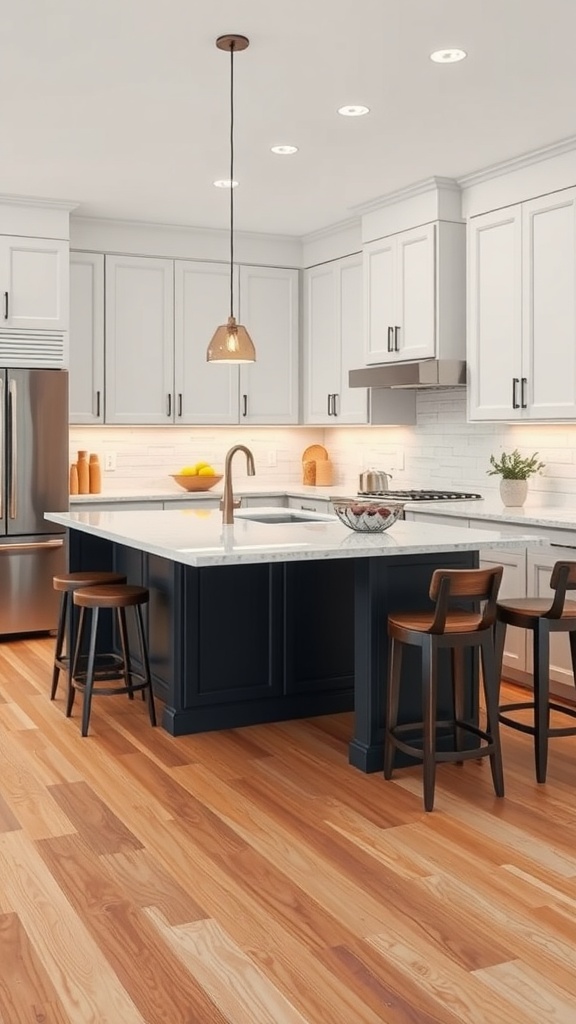 A modern L-shaped kitchen island in a stylish kitchen