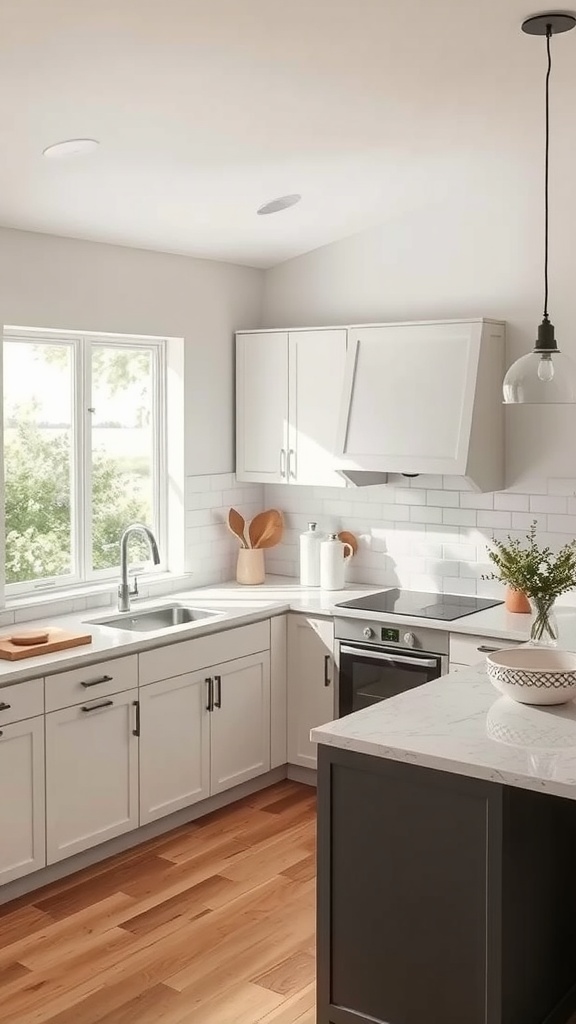 A modern kitchen featuring an L-shaped peninsula with a sleek design, light cabinetry, and wooden flooring.