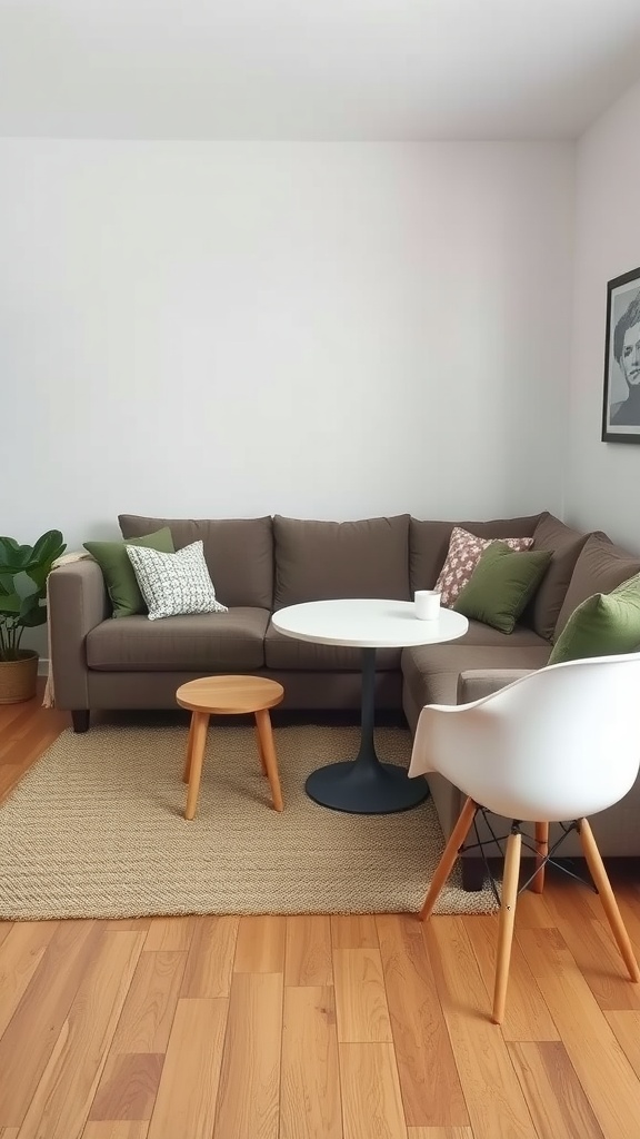 L-shaped sofa integrated with a small dining table in a cozy living room setting.