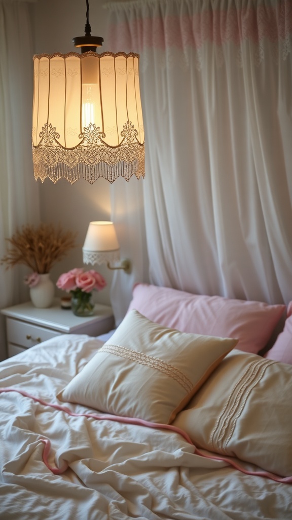 A lace-trimmed lampshade hanging above a cozy bed with soft pillows and a floral arrangement.