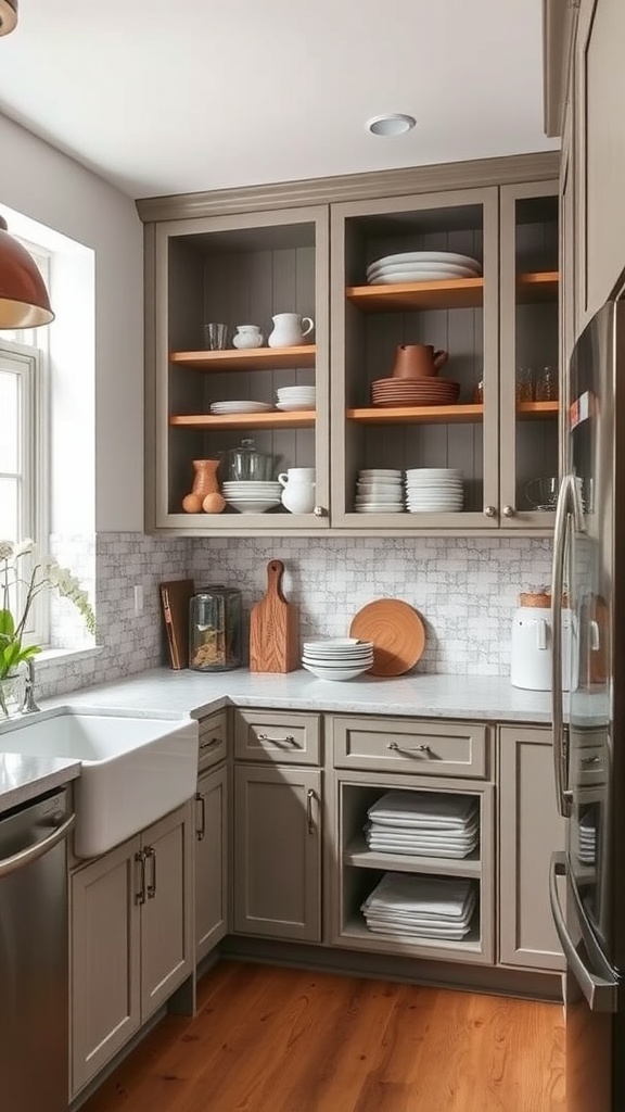 Ladder-style shelving cabinets in a farmhouse kitchen with gray cabinetry and wooden shelves displaying dishes.