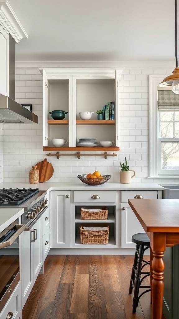 Ladder style open kitchen cabinets with white fronts and wooden shelves