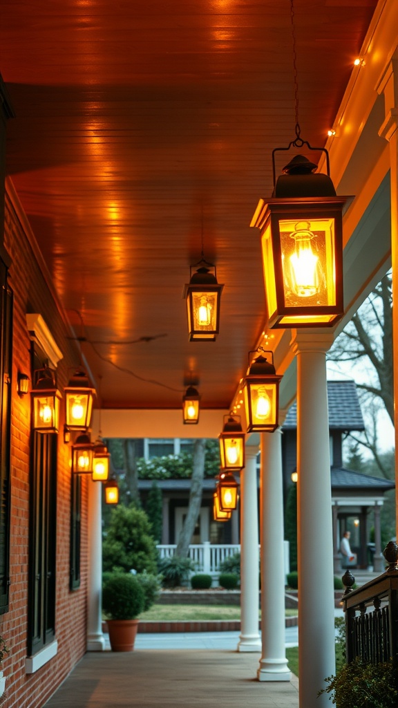 Row of lantern style lights hanging from a ceiling in a cozy setting