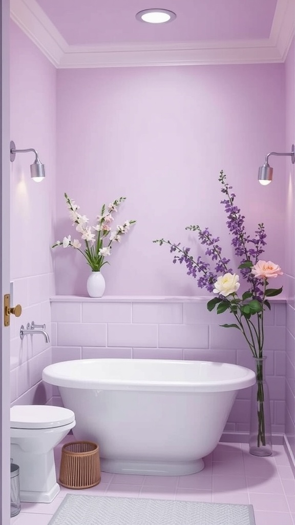 A serene bathroom with lavender walls, white fixtures, and floral decorations