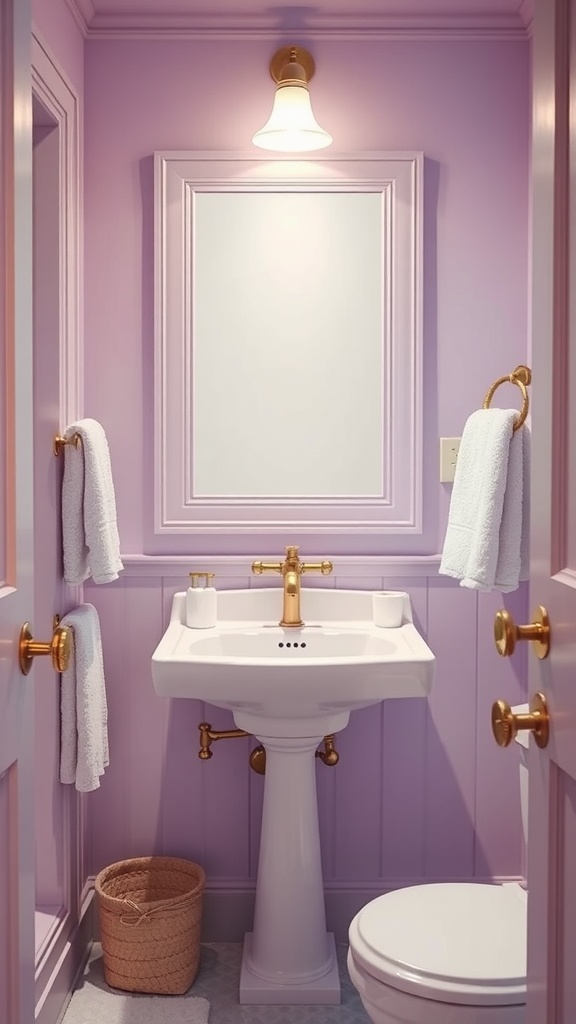 Small bathroom painted in lavender with white fixtures and gold accents