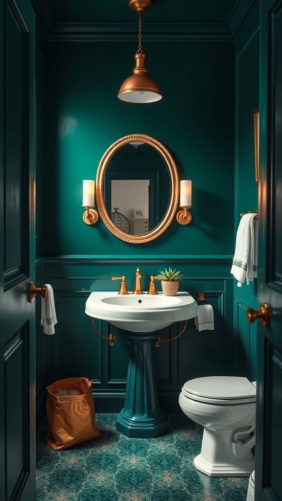 Small bathroom painted in emerald green with gold fixtures and a stylish mirror.