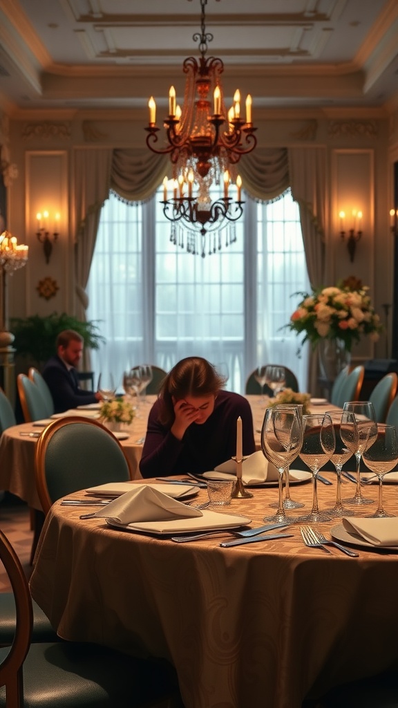 An elegant dining room featuring lavish table linens and a chandelier, capturing the essence of luxurious dining.