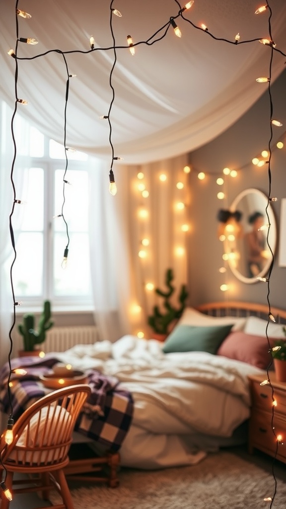 A cozy bedroom with layered fairy lights draping across the room, soft bedding, and plants.