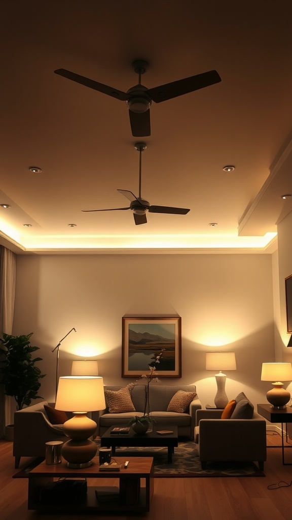Cozy living room with layered lighting, featuring table lamps, ceiling lights, and a ceiling fan.
