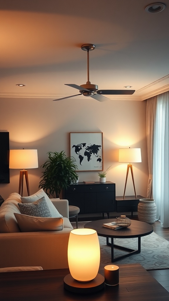 Cozy living room with layered lighting from floor and table lamps, creating a warm atmosphere.