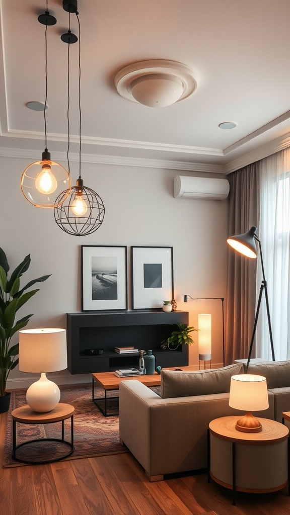 A modern farmhouse living room with layered lighting, showcasing pendant lights, floor lamps, and natural light.