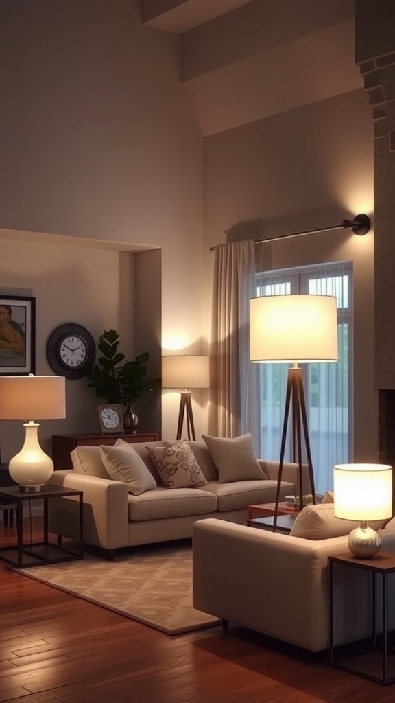 A cozy living room with layered lighting featuring floor lamps and a table lamp.