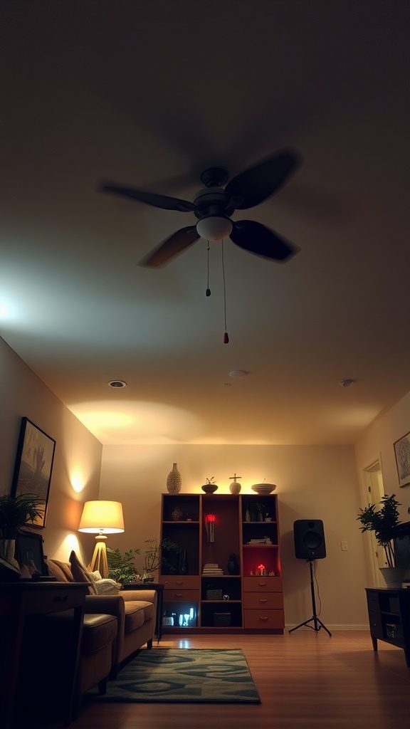 Cozy living room with layered lighting from ceiling fan, floor lamp, and wall-mounted lights