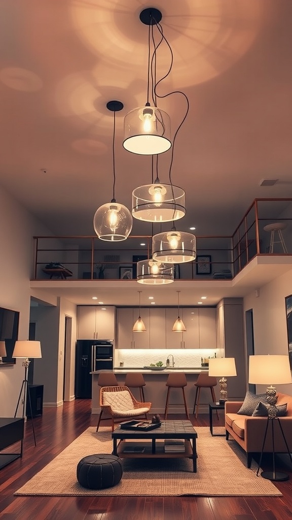 A stylish open living room and kitchen featuring layered lighting with multiple hanging fixtures and warm tones.