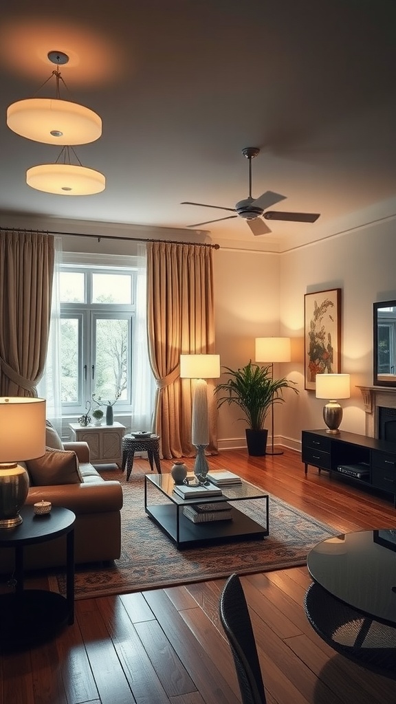 A beautifully lit living room featuring layered lighting with ceiling lights, floor lamps, and decorative elements.