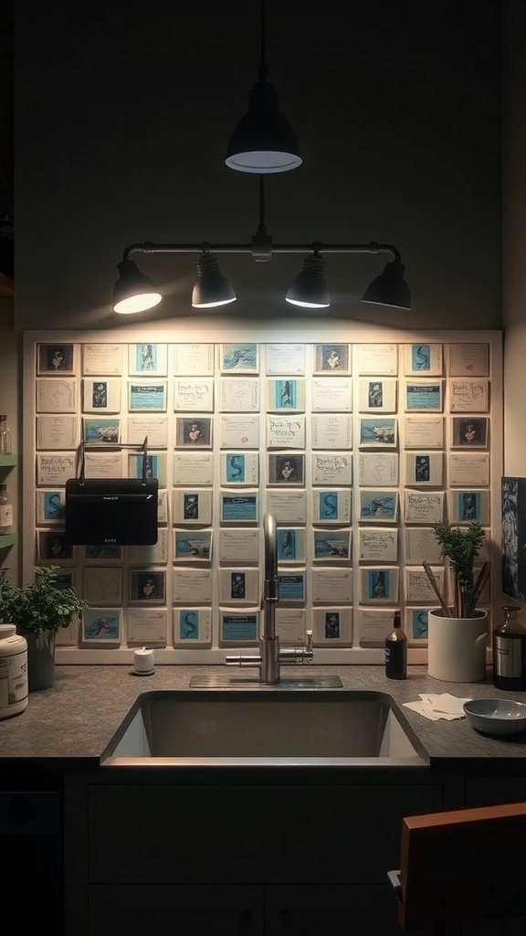 A kitchen sink area with three hanging lights illuminating the space, surrounded by framed artwork on the wall.