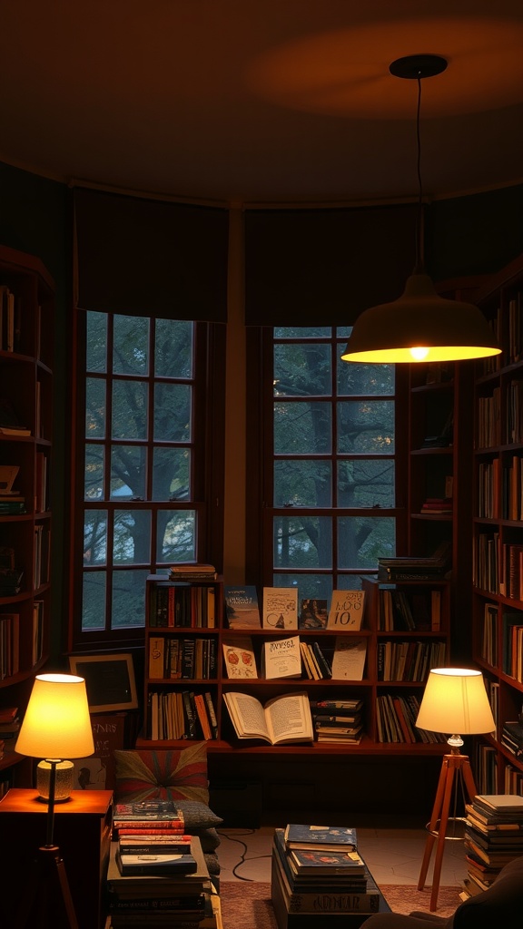 Cozy reading nook with layered lighting from pendant and table lamps