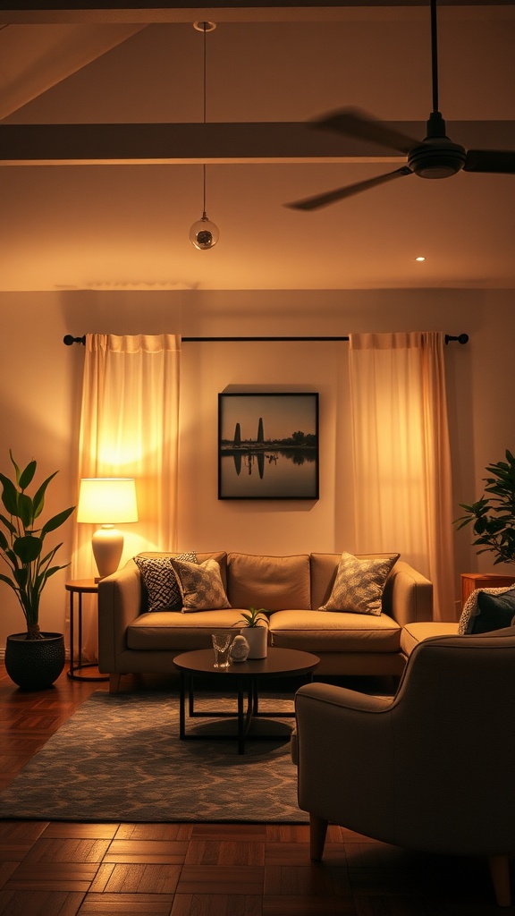 Cozy living room with layered lighting, including a ceiling fixture and a table lamp.