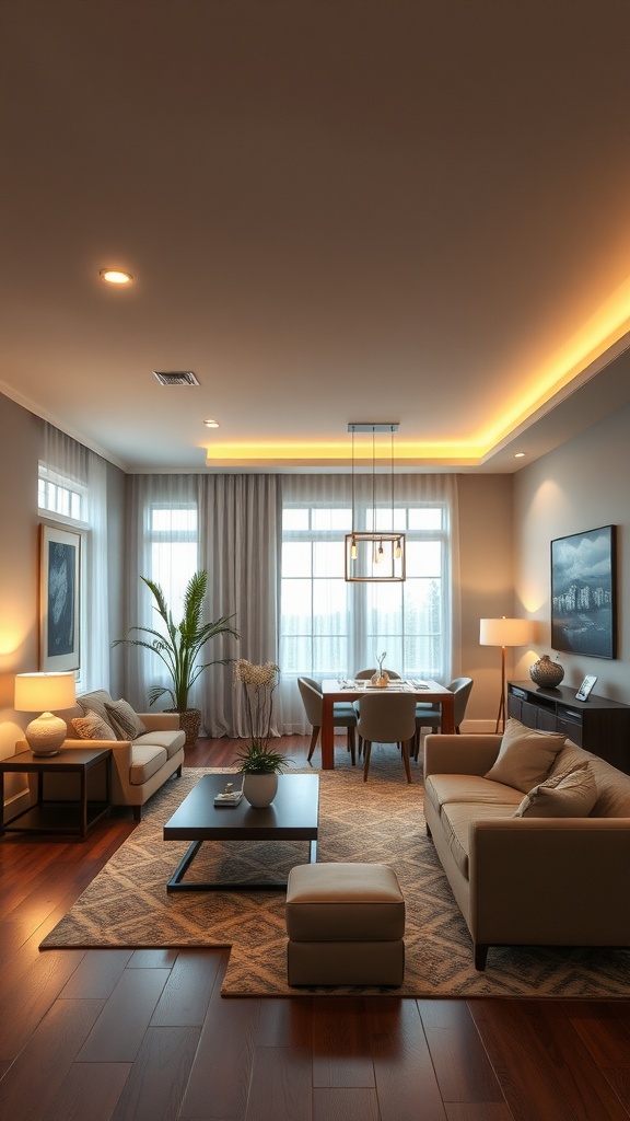 A cozy living room-dining room combo featuring layered lighting with ceiling lights, table lamps, and a pendant light.