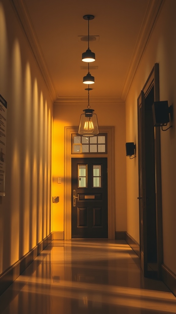 A beautifully lit entrance hall with hanging lights creating a warm atmosphere.