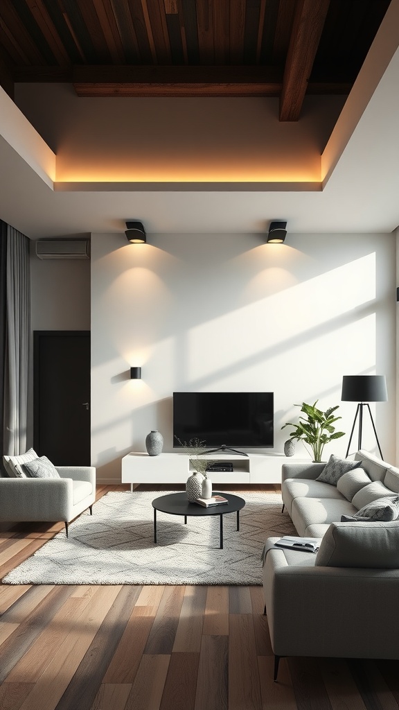 A modern living room with layered lighting, featuring warm LED ceiling lights, wall sconces, and a cozy furniture arrangement.