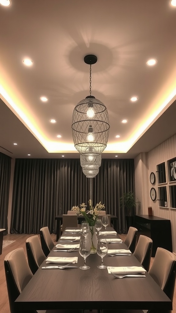 A modern dining room with recessed lighting and decorative pendant lights above a long table, featuring elegant table settings and dark curtains.