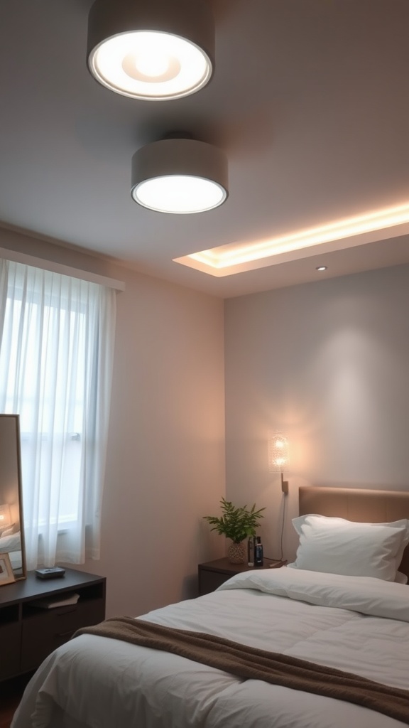 A stylish bedroom featuring layered LED lighting fixtures, including ceiling lights and a wall sconce, creating a warm and inviting atmosphere.