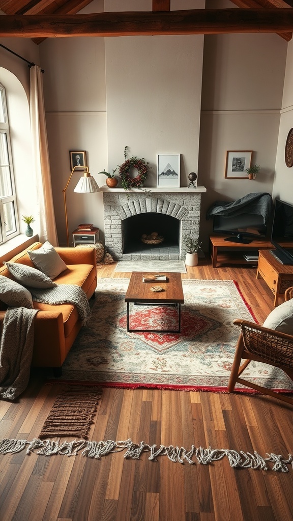 A cozy farmhouse living room with layered rugs, a fireplace, and warm furnishings.