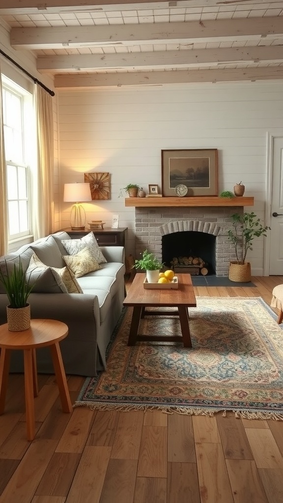A cozy farmhouse living room featuring layered rugs, warm wooden floors, and elegant decor.