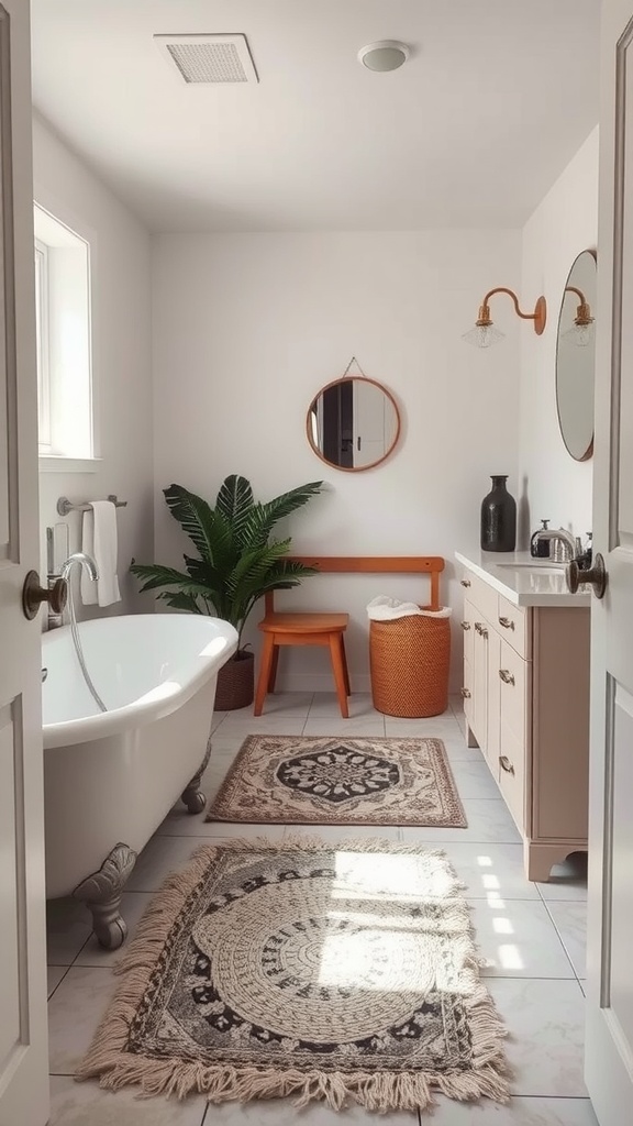 A small transitional bathroom featuring layered rugs, a bathtub, and stylish decor.