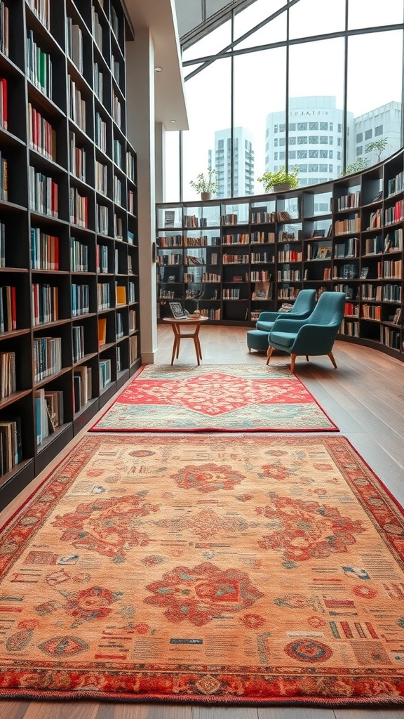 A stylish library featuring layered rugs, showcasing warm tones and contrasting patterns.