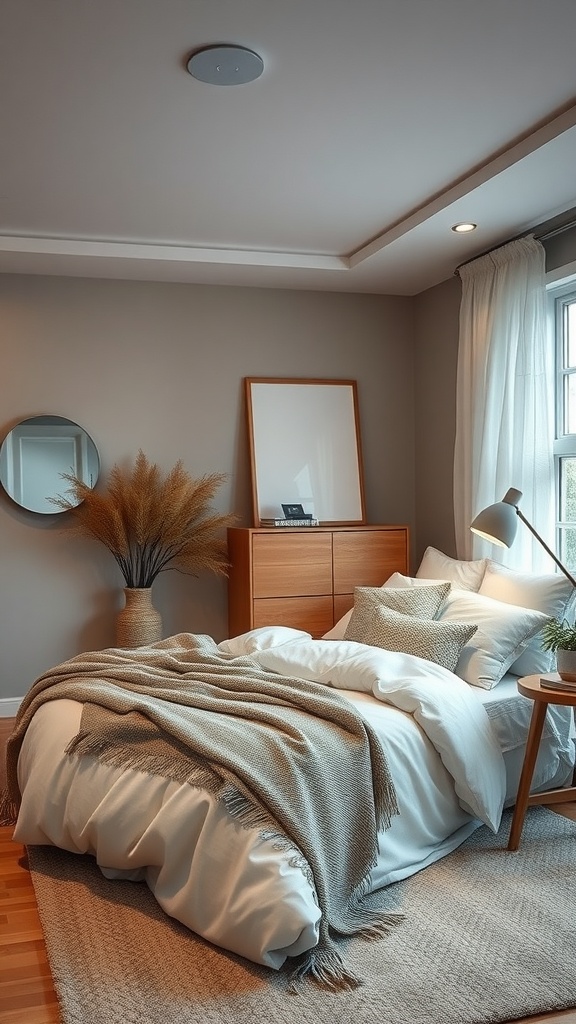 Cozy bedroom with layered textiles, including a soft duvet, chunky knit throw, and decorative pillows, in a warm neutral color palette.