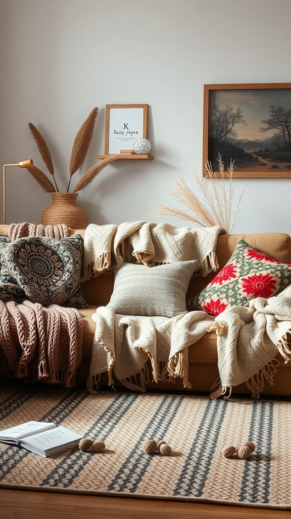 A cozy living room with layered textiles, featuring soft throw blankets, decorative pillows, and a textured area rug.
