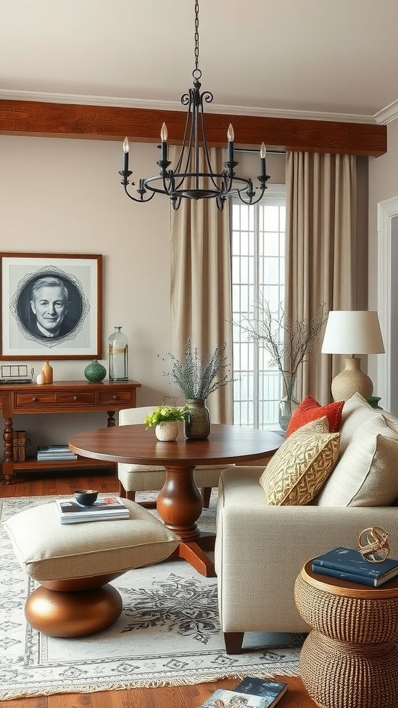 Cozy living room with a round table and soft sofa, featuring layered textures and fabrics.