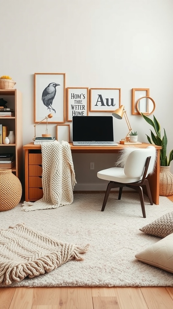 A cozy home office with layered textures including a soft rug, knit throws, and warm-toned furniture.