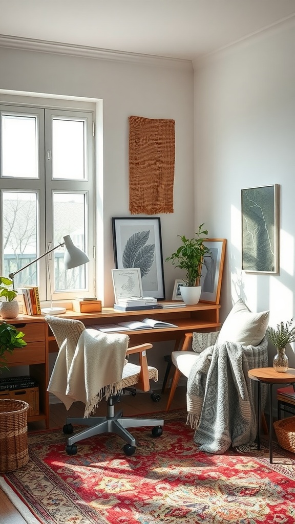 A stylish home office with layered textures featuring a wooden desk, cozy blankets, a vibrant rug, and indoor plants.