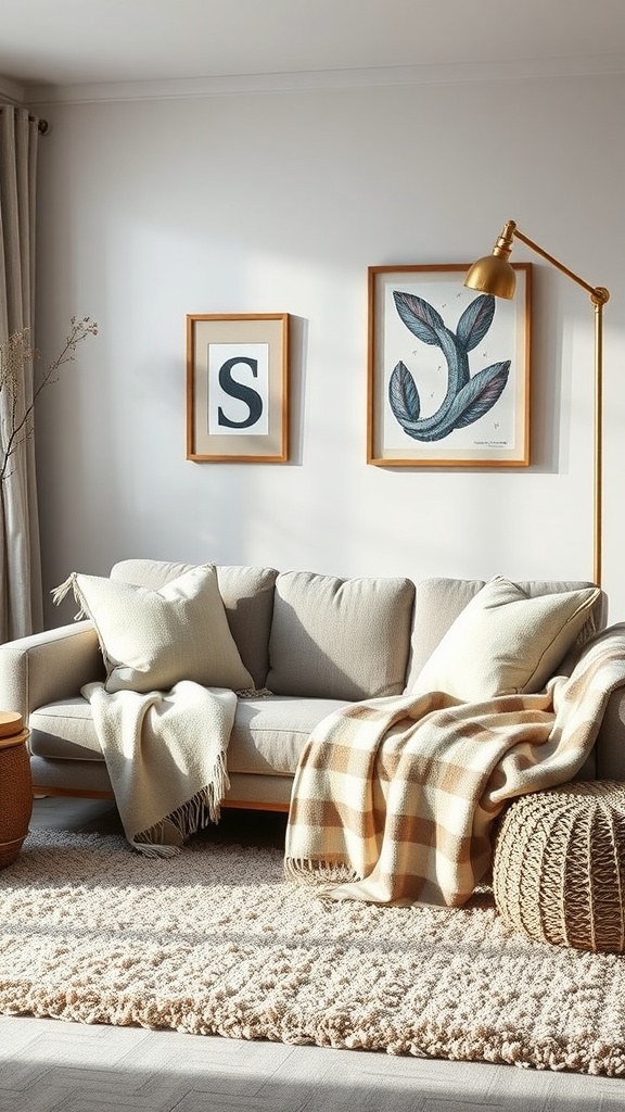 A cozy modern farmhouse living room featuring a light sofa with decorative pillows, a knitted pouf, and layered textiles.
