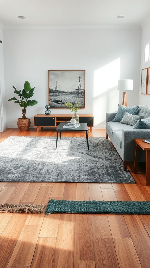 Modern farmhouse living room with a grey rug, wooden flooring, and stylish furniture.