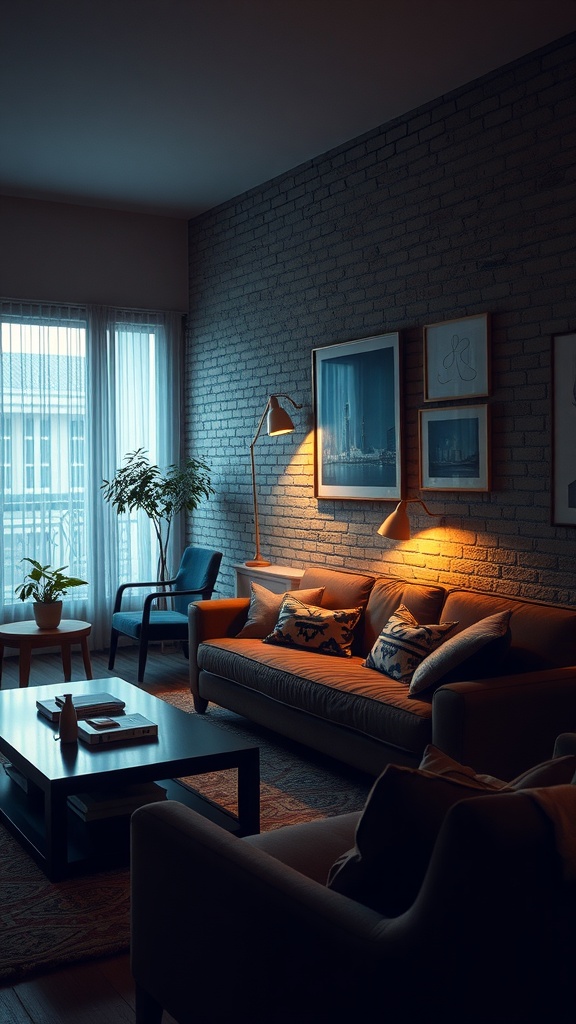 Cozy living room with layered textures and warm lighting.