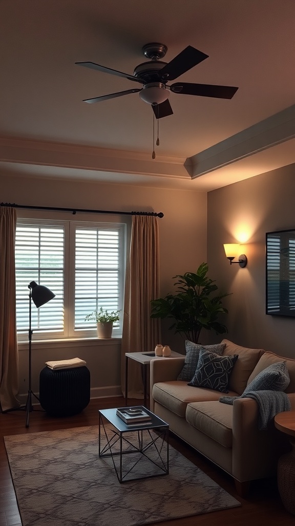 A cozy living room with layered lighting including a ceiling fan, floor lamp, and wall sconce.