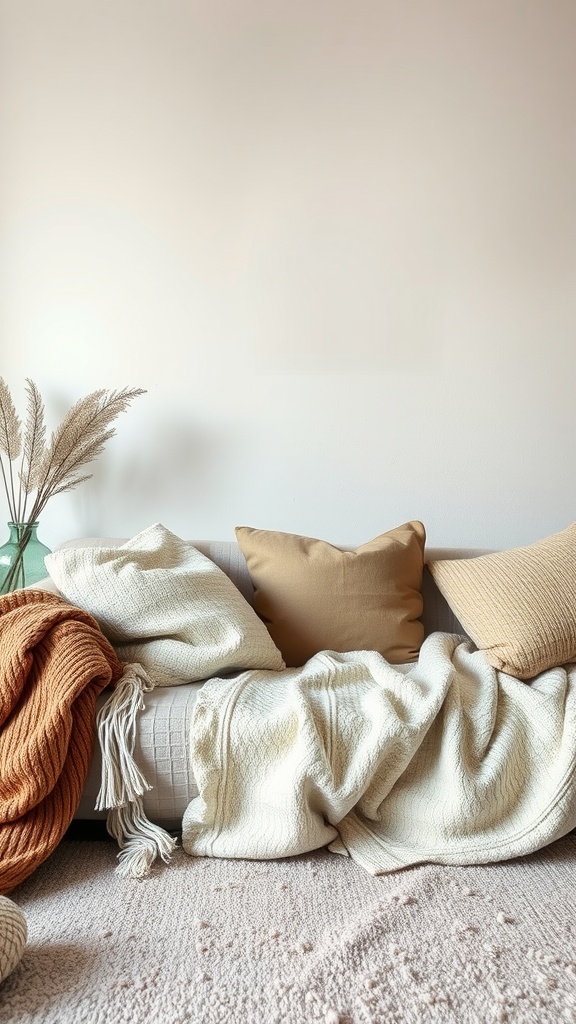 A cozy sofa layered with various textures of blankets and pillows in warm colors, creating a comfortable living room feel.
