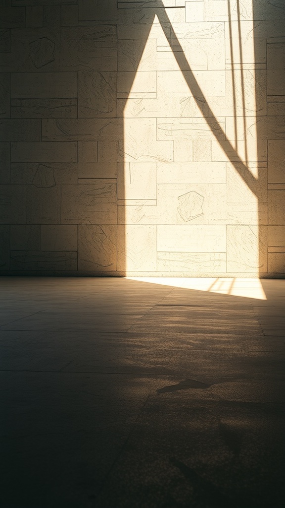 A shadow cast on a textured wall by sunlight, highlighting the interplay of light and texture.